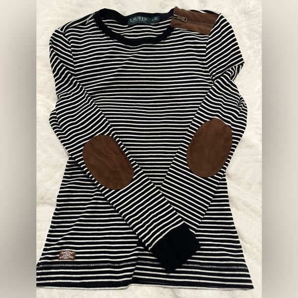 Lauren Ralph Lauren Black White Striped Shoulder Zip Elbow brown Patch Shirt - Picture 12 of 12